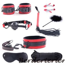 Black Red Rivets PU Leather Restraints Kit Clamps Mouth Gags whip Set Couples