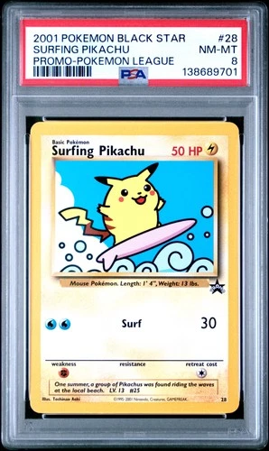 2001 POKEMON PROMO BLACK STAR POKEMON LEAGUE #28 SURFING PIKACHU PSA 8