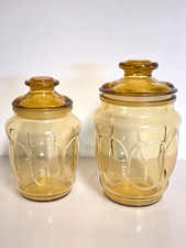 Vintage Amber Glass Apothecary Candy Jars Set Pressed Glass Canisters w Lids