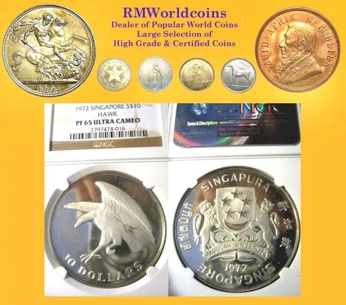 Singapore 1972 10 Dollars, Gem Proof NGC Proof 65, Rare Cameo, 3,000 Mintage