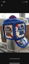 Vintage 70s Handmade Pabst Blue Ribbon Beer Can  Crochet Knit Cap Beer Brewery