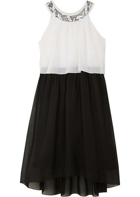 Mädchen Kleid mit Pailletten Gr. 140 Weiß Schwarz Midi-Festliches-Dress Neu*