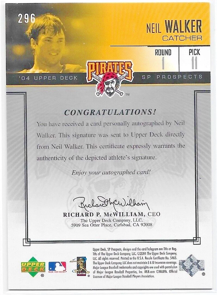 Neil Walker, Pittsburgh Pirates — 2004 SP Prospects #296 — Autograph — #283/400 - Image 2 of 3