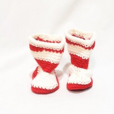 Vintage Baby Cowboy Boots Booties White Red Handmade 4" Crochet Stripes
