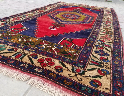 Tappeto Nigde Primitivo Blu Indaco Vintage Anni 50-1960 Lana Vergine Pile 4’6”x 8’3” - Foto 5 di 10