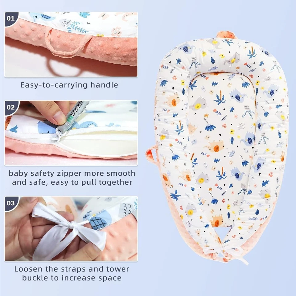 Baby Lounger for Newborn Baby Nest With Pillow Pink Elephant Safari Pattern NEW - Image 3 of 4