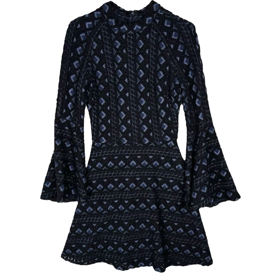 Mini Vestido Just Drew Retro Tejido Crochet Manga Larga Talla 0 Cuello Simulado Geométrico Foto 4 de 4