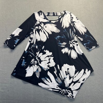 CLARA SUN WOO Navy Blue Floral Asymmetrical Keyhole Back Tunic Top Blouse Large