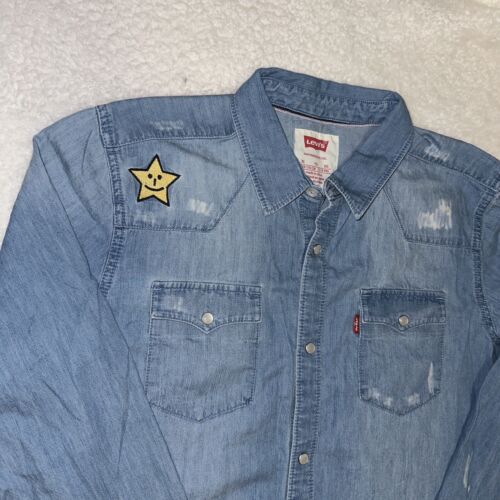 Levi's da uomo denim perla a scatto effetto invecchiato manica lunga XL viso sorridente ricamato - Foto 3 di 19