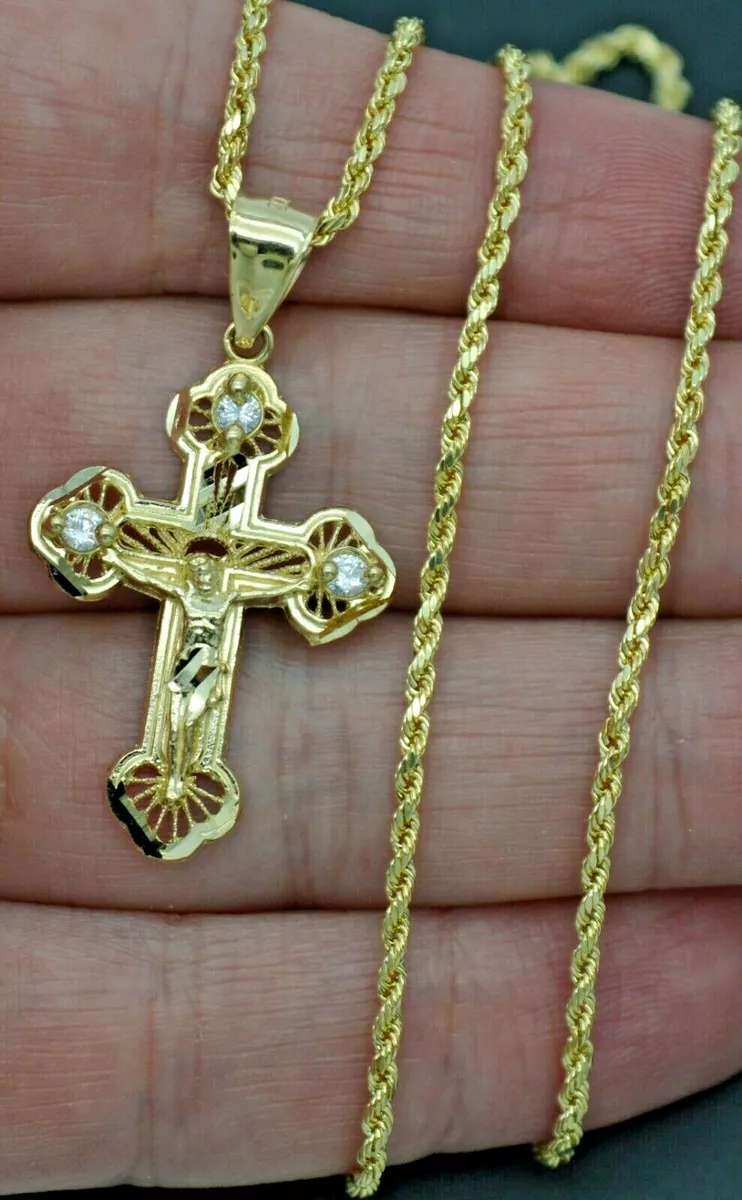 Real 10k Yellow Gold CZ Jesus Crucifix Cross Pendant + Chain 16