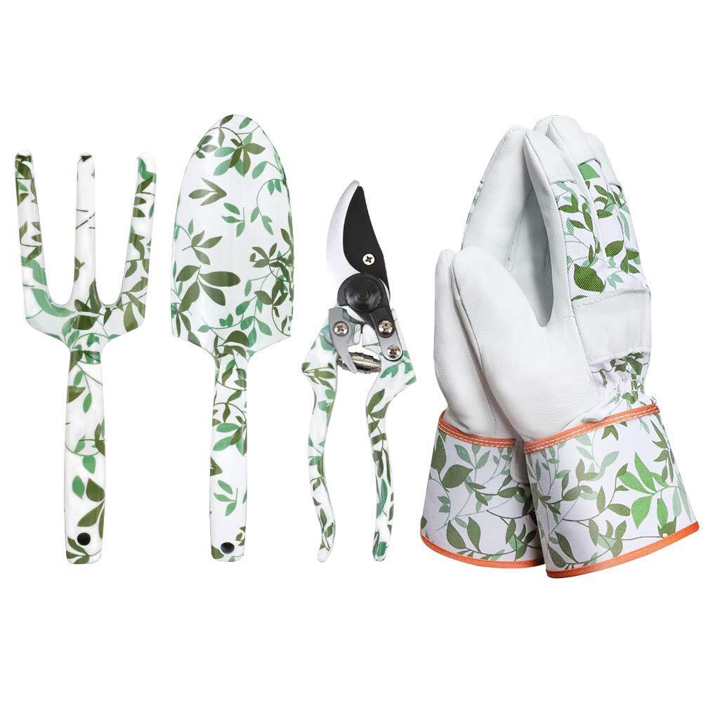 Megawodar Leather Gardening Gloves with 2Pcs Garden Tools and 1Pc Pruning She...