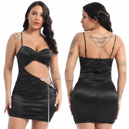 Sexy Women Hollow Out Metal Chain Cutout Dress Club Sleeveless Ruched Dress S - Photo 1 sur 8