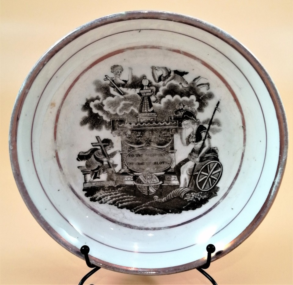 Two antique Staffordshire commemorative Princess Charlotte pink lustre