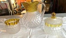 Hobbs Brockunier Pitcher cream sugar Frances Ware Frosted yellow Dewdrop Hobnail