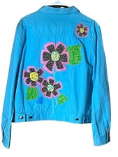 Lighthouse Apparel Embroidered Appliqué Daisy Jean Jacket Turquoise Large Y2k