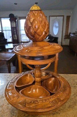 MCM LAZY SUSAN  Hand Carved Monkey Pod Pineapple Serving Tiki Tray