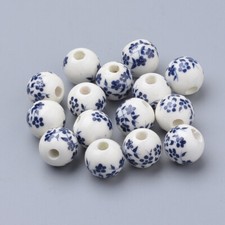10 Porcelain Flower Beads 10mm White Blue Ceramic Jewelry Making Findings