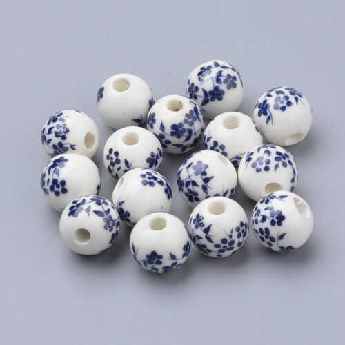 10 Porcelain Flower Beads 10mm White Blue Ceramic Jewelry Making Findings  - Afbeelding 1 van 2