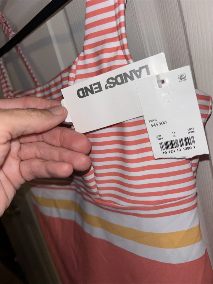 Nuevo con etiquetas Camiseta Tankini Lands End Talla 6 Rosa Melocotón Naranja Rayas Natación Con Cable Copa Crucero Foto 4 de 4