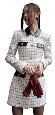 Self Portrait Mini Dress Size 6 Windowpane Check Bouclé Tweed Leather NWT JAN852