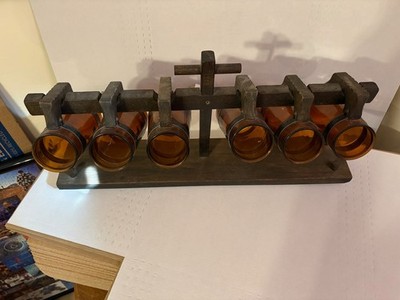Siesta Ware 6 Vintage Barrel Mugs w/ Wood Handle & Original Wooden Rack