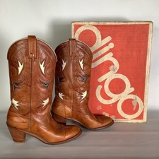 Vtg 1970s Acme Dingo Inlay Leaf Boots Stacked Leather Heel 7495 / Womens 8.5 N