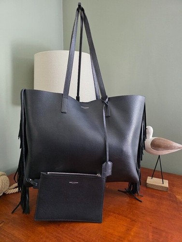 YSL Saint Laurent Paris Black Leather Fringe Tote Bag COA Detachable Pouch Large