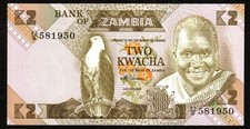 ZAMBIA 2 KWACHA BANKNOTE CURRENCY 1986-88 PREFIX 83/B - UNC
