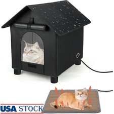 Heated Elevated Cat House Outdoor W/ Insulated Pad  Dual Exits Winter New