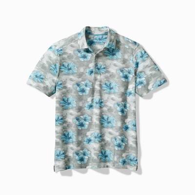Tommy Bahama Men's SZ 2XL Stormy Blues Polo Shirt Blue Hibiscus on New Silver
