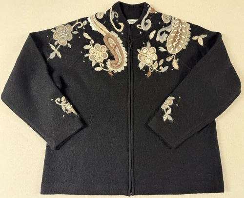 Coldwater Creek Cardigan 2X Floral Embroidered 100% Wool Jacket Crewel Paisley