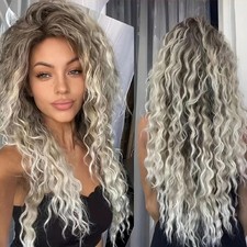Women Side Part Long Afro Curly Synthetic Full Wig Fluffy Natural Adjustable Cap
