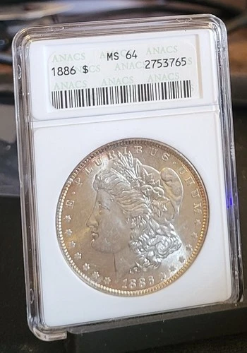 1886 P MORGAN SILVER DOLLAR ANACS MS64  Old Soapbox Holder