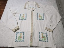 Vintage 60s Guatemalan Hand Embroidered Blouse Quetzal Bird Cotton Oversize