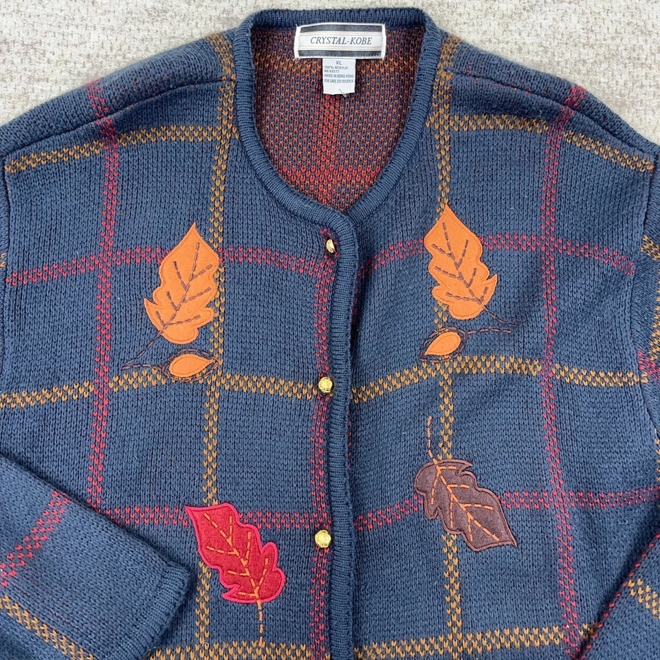 Cárdigan Suéter Vintage Cristal Kobe Mujer XL Azul Tejido Hojas Otoño Abuela Boho Foto 2 de 4