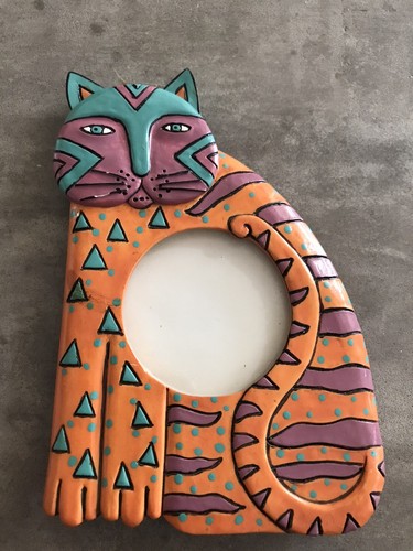 Cat Picture Frame Artsy 2.5" x 2.5" Photo Kitty Orange Purple Folk Art Whimsical