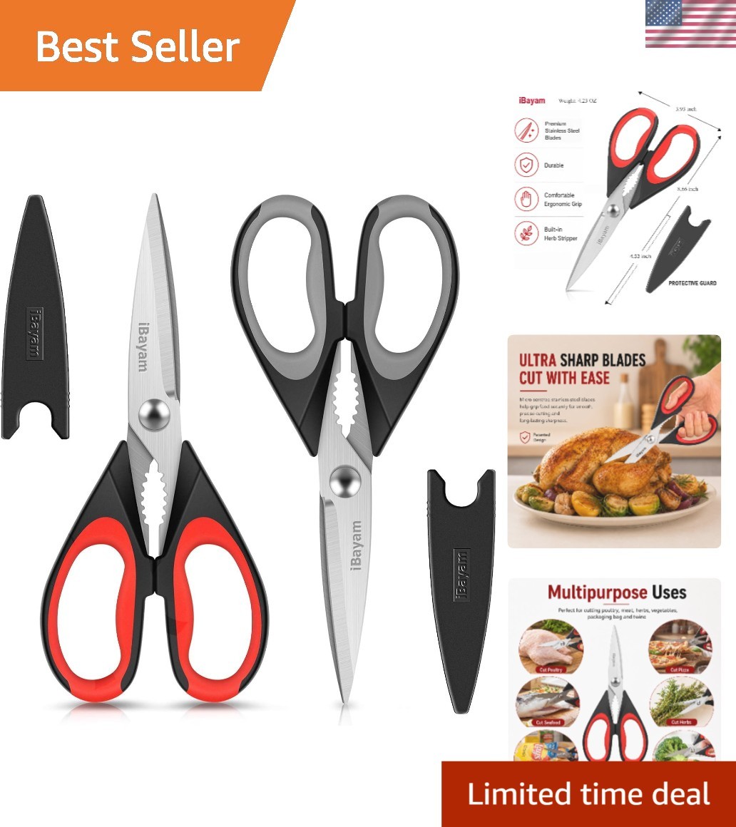 Heavy Duty Kitchen Scissors 2-Pack - Stainless Steel with Comfort Grip & Sheath
