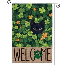 St Patricks Day Garden Flag 12x18 Inch Double Sided Outside, Black Cat Welcome S