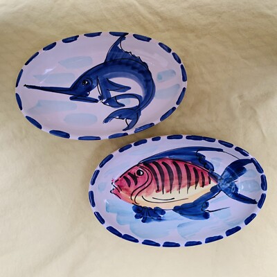 Set of 2 HandPainted Italian Fish Plates / Bowls, Swordfish & Fish, 8 x5  Italy