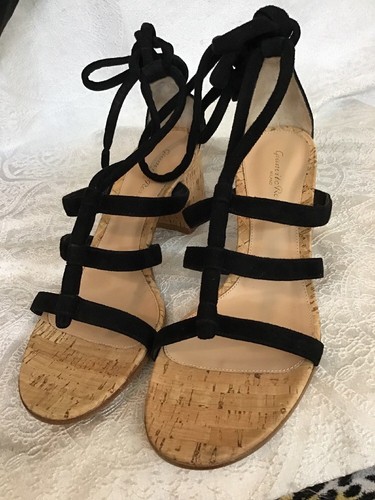 Gianvito Rossi Sandle Black Suede Ankle Wrap Strap Cork Trim & Heel Size 40 NEW - Picture 7 of 9
