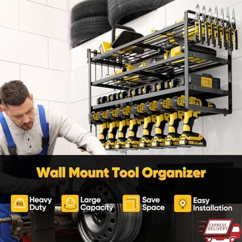 Heavy Duty 4-Layer Wall Mount Tool Organizer with 8 Drill Holder Storage Rack