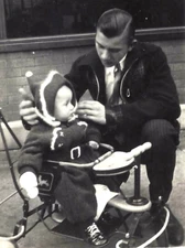 1940s PHOTO CUTE LITTLE GIRL GREAT SNAPSHOT STREET STROLLER HAWAIIAN SIGN