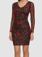 Guess Women's Black Red Floral-Print Long-Sleeve Mini Dress Size 0