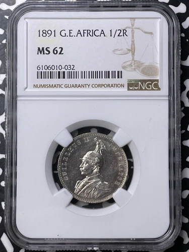 1891 German East Africa 1/2 Rupie NGC MS62 Lot#MK93 Silver! Nice UNC!