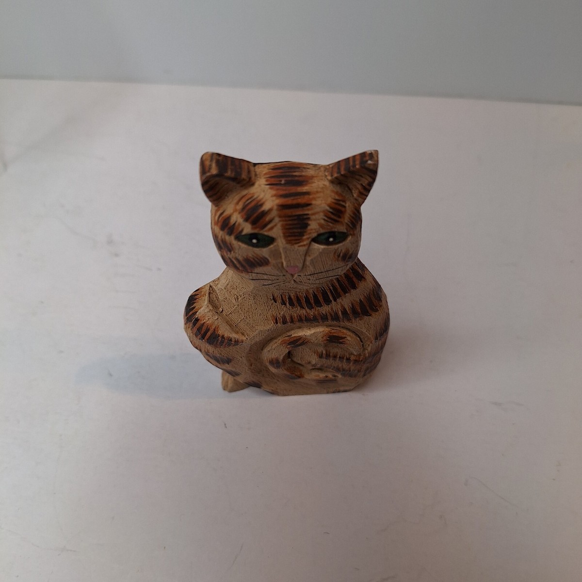 James Haddon Wood Cat Hand Carved Sitting Signed Folk Art 1990s