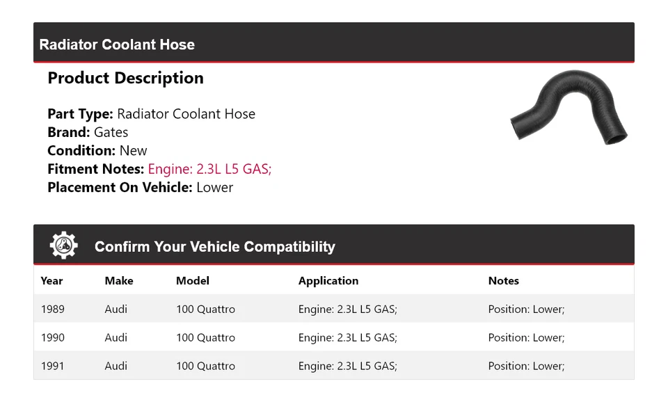 For 1989-1991 Audi 100 Quattro 2.3L L5 GAS Radiator Coolant Hose Lower Gates - Image 2 of 4