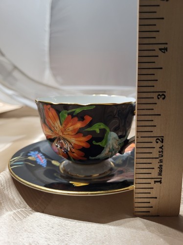 Rare Aynsley Cup & Saucer Black Raised Floral Gold Trim Rego No. 765788 READ - Picture 10 of 11