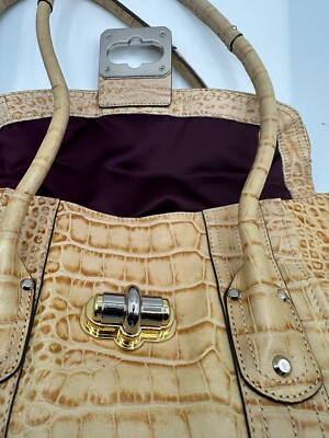 B MAKOWSKY CROC EMBOSSED CAMEL LEATHER FOLD OVER TOTE SHOULDER