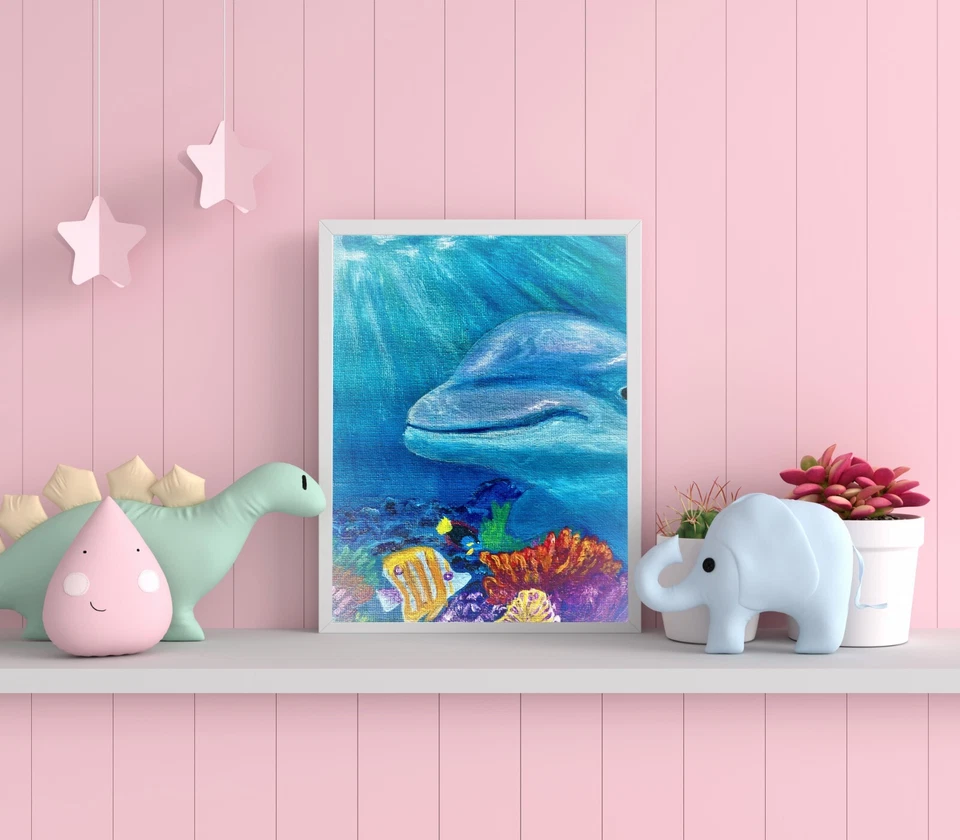 Pintura de delfines - Obra de arte original de animales para amantes de los animales - Decoración de arte de pared Foto 4 de 4