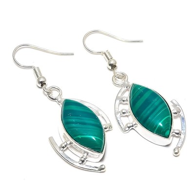 Boucles D'oreilles Dormeuses En Argent Avec Malachite - Style Bohème Chic - Occasion Excellent état